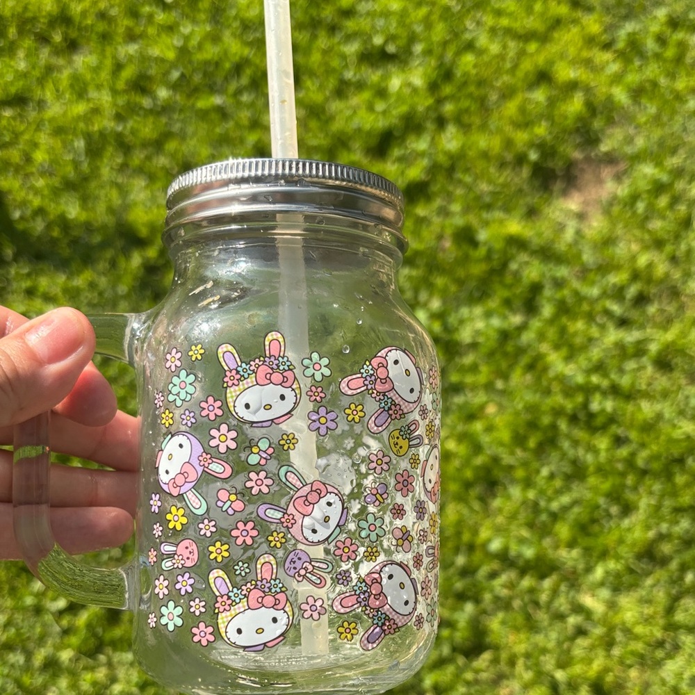 Hello Kitty Pink Floral Glass Mason Jar with Straw